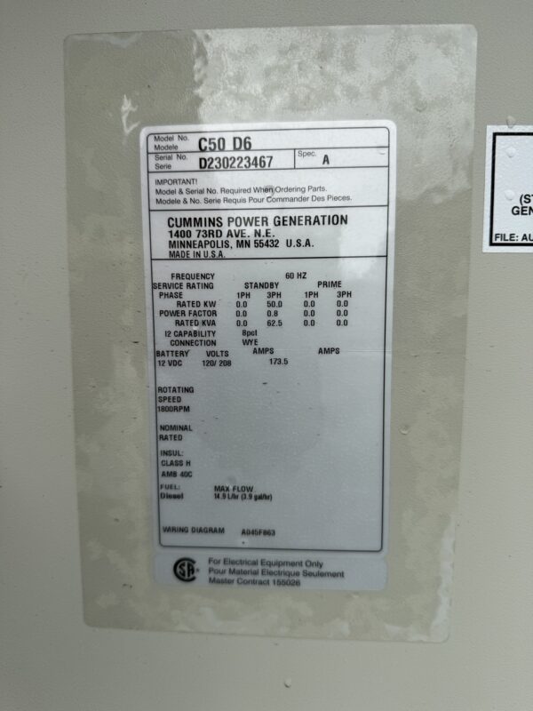 50kW 208V Cummins Diesel Generator & 200A 208V ASCO ATS Package - Image 5